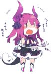  1girl boots chibi detached_sleeves dragon_tail dress fate/extra fate/extra_ccc fate/grand_order fate_(series) food fork horns lancer_(fate/extra_ccc) long_hair pasta pekeko_(pepekekeko) pepekekeko pink_hair smile solo spaghetti tail translation_request 