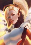  1girl blonde_hair blue_eyes breastplate breasts eyelashes high_collar high_ponytail large_breasts lips looking_at_viewer mechanical_halo mechanical_wings mercy_(overwatch) overwatch parted_lips raikoart revision solo upper_body wings 