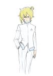  1boy absurdres ahoge alpha_omega_nova blonde_hair flat_color fur_trim hand_in_pocket handa_shuuhei highres male_focus solo uchuu_patrol_luluco violet_eyes white_background 