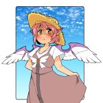 1girl :o adapted_costume animal_ears bird_ears bird_wings blush brooch brown_eyes cowboy_shot dress from_below hat ini_(inunabe00) jewelry looking_at_viewer mystia_lorelei outside_border pink_hair short_hair skirt_hold sky solo straw_hat touhou wings 