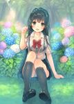  1girl :d black_eyes black_hair black_legwear blush bow bowtie bra breasts dress_shirt flower full_body hydrangea kneehighs loafers long_hair looking_at_viewer open_mouth original outdoors panties pantyshot pantyshot_(sitting) school_uniform see-through shiny shiny_clothes shiny_hair shiny_skin shirt shoes sitting skirt smile solo suzuho_hotaru thigh-highs tree underwear wet wet_clothes wet_shirt white_bra white_panties 