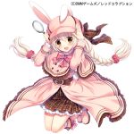  1girl :d adjusting_clothes adjusting_hat animal_ears belt blonde_hair boots bow braid dmm dress hagino_kouta hat long_hair mabel_(red_corruption) magnifying_glass official_art open_mouth pink_boots pink_bow pink_dress pink_hat plaid plaid_skirt rabbit_ears red_corruption skirt smile solo twin_braids watermark white_background 