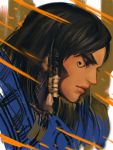  1girl armor black_hair blue_eyes dark_skin eyelashes facial_mark facial_tattoo highres lips long_hair nose overwatch pharah_(overwatch) portrait power_armor profile serious sketch solo tattoo unfinished yy6242 