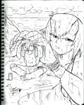  1boy 1girl claws giantess gigantes_(monster_musume) highres horns monochrome monster_girl monster_musume_no_iru_nichijou nayaase_beleguii pout rain signature sitting size_difference sketch traditional_media wet wrist_cuffs 