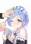  1girl aldehyde arudehido bangs bare_shoulders black_dress blue_eyes blue_hair blush bow detached_sleeves dress face frills hair_ornament hairpin hand_on_another&#039;s_head hand_on_head maid maid_headdress one_eye_closed parted_bangs re:zero_kara_hajimeru_isekai_seikatsu rem_(re:zero) ribbon short_hair simple_background solo_focus tray upper_body white_background x_hair_ornament 