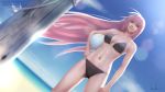  1girl bikini blue_eyes blue_sky clouds collarbone dutch_angle gohpot grin highres holding_ball lens_flare long_hair megurine_luka navel pink_hair pole signature sky smile solo swimsuit very_long_hair vocaloid volleyball watermark web_address 