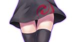  1girl black_dress black_legwear close-up dress gluteal_fold houjuu_nue lower_body no_panties out_of_frame sakatsu_ohane short_dress simple_background solo standing thigh-highs thigh_gap thighs tomoe_(symbol) touhou white_background zettai_ryouiki 