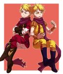  2boys blonde_hair blue_boots boots brown_boots crossed_arms dio_brando dual_persona jojo_no_kimyou_na_bouken legs_crossed male_focus multiple_boys one_eye_closed open_mouth outline purple_scarf scarf sweatdrop torn_scarf wristband yaeten1 yellow_eyes 