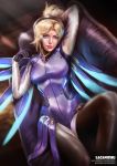  1girl alternate_color arm_behind_head artist_name blonde_hair blue_eyes blue_wings bodysuit breasts couch glowing glowing_wings high_ponytail highres lacanishu large_breasts lips looking_at_viewer mechanical_halo mechanical_wings mercy_(overwatch) on_couch overwatch pantyhose realistic solo sunlight wings 