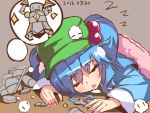  1girl blanket blue_hair closed_eyes dated dreaming drooling green_hat hair_between_eyes hair_bobbles hair_ornament hat imagining kasa_jizou kawashiro_nitori long_sleeves open_mouth short_hair short_twintails sleeping thought_bubble tools touhou twintails two_side_up zzz 