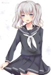  1girl :d alternate_costume blue_eyes curly_hair highres kantai_collection kashima_(kantai_collection) long_hair looking_at_viewer masakazu_(coccinellee) masayo_(gin_no_ame) open_mouth pleated_skirt school_uniform serafuku silver_hair simple_background skirt smile solo twintails twitter_username white_background 