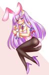  1girl aisa_(micuma) animal_ears ass blush bow bunny_tail bunnysuit crescent crescent_hair_ornament hair_bow hair_ornament high_heels highres long_hair lying on_side open_mouth pantyhose patchouli_knowledge purple_hair rabbit_ears tail touhou violet_eyes wrist_cuffs 