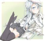  1girl artist_name black_legwear blue_eyes dated falco_arrow flat_cap green_background hair_between_eyes hat hibiki_(kantai_collection) highres kantai_collection legs_up long_hair looking_at_viewer looking_back lying on_stomach school_uniform shirt shoes_removed skirt solo thigh-highs verniy_(kantai_collection) white_border white_hair white_shirt 