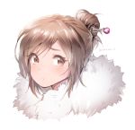  1girl :o bangs brown_eyes brown_hair coat eyebrows eyebrows_visible_through_hair eyelashes face fur-lined_jacket fur_coat fur_trim glasses hair_bun hair_ornament hair_stick hairpin highres mei_(overwatch) no_glasses open_mouth overwatch panza parted_bangs short_hair sidelocks simple_background solo swept_bangs twitter_username white_background winter_clothes winter_coat 