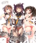  3girls :o ahoge akizuki_(kantai_collection) ass black_hair blue_eyes blush breasts brown_eyes brown_hair corset exploding_clothes hachimaki hair_flaps hair_ornament hatsuzuki_(kantai_collection) headband highres kantai_collection large_breasts long_hair looking_at_viewer looking_back maaboo_(asuka1026) multiple_girls neckerchief panties pantyhose ponytail propeller_hair_ornament red_panties school_uniform serafuku shirt short_hair skirt teruzuki_(kantai_collection) torn_clothes torn_pantyhose torn_shirt torn_skirt underwear violet_eyes 