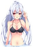  1girl ahoge bikini black_bikini breasts cleavage collarbone long_hair looking_at_viewer matoi_(pso2) milkpanda navel partially_submerged phantasy_star phantasy_star_online_2 red_eyes solo swimsuit white_hair 