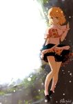  1girl arm_support atoki backlighting blonde_hair hand_up highres light_particles light_smile mizuhashi_parsee pointy_ears scarf short_hair simple_background sketch solo touhou twitter_username wind yellow_eyes 