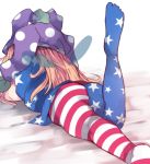  1girl american_flag_legwear american_flag_shirt ass back beni_shake clownpiece fairy_wings from_behind hat jester_cap leg_up lying on_stomach solo touhou wings 