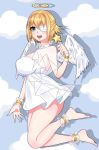  1girl alternate_costume angel_wings ankle_cuffs anklet barefoot blonde_hair blue_eyes breasts capelet dress eyepatch halo highres huge_breasts jewelry jumping looking_at_viewer microdress no_bra open_mouth prince_of_wales_(zhan_jian_shao_nyu) see-through short_dress short_hair solo wan_nian_da_zha_de_r wand white_dress wings zhan_jian_shao_nyu 