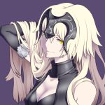  1girl blonde_hair breasts cleavage fate/grand_order fate_(series) fur_trim hand_in_hair headpiece highres jeanne_alter long_hair purple_background ruler_(fate/apocrypha) ruler_(fate/grand_order) sera_(hitsuji_to_kitsune) smile solo yellow_eyes 