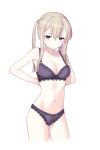  1girl adjusting_bra adjusting_clothes bad_id blonde_hair bow bow_panties bra breasts cleavage cnm collarbone cropped_legs dressing expressionless female graf_zeppelin_(kantai_collection) kantai_collection lace lace-trimmed_bra lace-trimmed_panties long_hair medium_breasts navel panties purple_bra purple_panties sidelocks simple_background solo standing twintails underwear violet_eyes white_background 