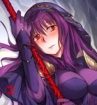  1girl aliesta blush bodysuit breasts fate/grand_order fate_(series) gae_bolg holding holding_weapon long_hair looking_away polearm purple_hair red_eyes scathach_(fate/grand_order) solo spear veil weapon 