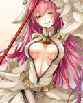  1girl :p bodysuit breasts cosplay fate/extra fate/extra_ccc fate/grand_order fate_(series) gae_bolg highres large_breasts lock long_hair mia_(gute-nacht-07) padlock polearm purple_hair red_eyes saber_bride saber_bride_(cosplay) saber_extra scathach_(fate/grand_order) solo spear tongue tongue_out veil weapon zipper 