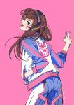  1girl ass brown_eyes brown_hair bunny_print chkuyomi cowboy_shot d.va_(overwatch) facepaint facial_mark from_behind hand_in_pocket headphones jacket long_hair long_sleeves looking_at_viewer looking_back open_mouth overwatch pink_background rabbit simple_background solo v whisker_markings 