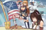  2girls aircraft airplane american_flag arms_up bare_shoulders black_vest blonde_hair blue_eyes blue_sky breasts cleavage closed_eyes clouds day eating elbow_gloves flag gloves headgear hot_dog iowa_(kantai_collection) kantai_collection large_breasts long_hair multiple_girls navel panties_(pantsu-pirate) ponytail shirt sky sleeveless sleeveless_shirt standing star star-shaped_pupils stomach symbol-shaped_pupils table tic-tac-toe very_long_hair white_gloves white_shirt wrist_cuffs yamato_(kantai_collection) 