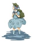  1girl backpack bag blue_hair blush blush_stickers boots chii-kun_(seedyoulater) hair_bobbles hair_ornament hat highres kawashiro_nitori key pocket puffy_short_sleeves puffy_sleeves rubber_boots short_hair short_sleeves simple_background skirt solo touhou twintails two_side_up wading water white_background 