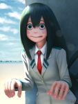  1girl asui_tsuyu black_eyes black_hair blue_sky blush_stickers boku_no_hero_academia clouds gohpot hands highres lens_flare necktie school_uniform signature sky solo tongue tongue_out tree upper_body watermark web_address 