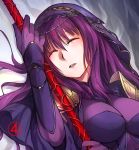  1girl aliesta bodysuit breasts closed_eyes fate/grand_order fate_(series) gae_bolg holding holding_weapon long_hair polearm purple_hair scathach_(fate/grand_order) solo spear veil weapon 