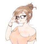  1girl adjusting_glasses bangs black-framed_eyewear black-framed_glasses bracelet breasts brown_eyes brown_hair brown_shirt eyebrows eyebrows_visible_through_hair glasses hair_bun hair_ornament hair_stick hairpin highres jewelry looking_at_viewer medium_breasts mei_(overwatch) overwatch panza parted_bangs shirt short_hair short_sleeves sidelocks simple_background solo twitter_username upper_body white_background 
