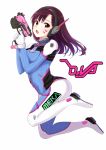 1girl bangs bodysuit breasts brown_eyes brown_hair character_name d.va_(overwatch) facial_mark finger_on_trigger full_body gloves gun handgun headphones highres holding holding_gun holding_weapon itachi_kanade long_hair looking_at_viewer looking_to_the_side medium_breasts open_mouth overwatch pilot_suit pistol skin_tight solo swept_bangs weapon whisker_markings white_gloves 