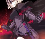  :d armor artist_request blonde_hair cape fate/grand_order fate_(series) fur-trimmed_cape jeanne_alter open_mouth ruler_(fate/apocrypha) ruler_(fate/grand_order) sheath sheathed short_hair smile sword teeth weapon yellow_eyes 