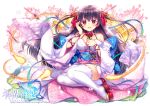  1girl arm_ribbon bare_shoulders black_hair breasts capura_lin cherry_blossoms collarbone complex_saga copyright_name detached_sleeves fire flame floral_print flower full_body furisode hair_ribbon holding holding_flower japanese_clothes kimono kimono_skirt long_hair looking_at_viewer obi parted_lips petals purple_ribbon red_eyes red_ribbon red_rose ribbon ribbon-trimmed_legwear ribbon_trim rose sandals sash sitting smile solo thigh-highs very_long_hair watermark web_address white_background white_legwear 