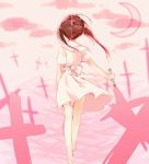  1girl ahoge azuki_(krps-hano) barefoot baseball_bat brown_hair clouds crescent_moon cross dress from_behind full_body holding long_hair moon pink short_sleeves solo twintails walking white_dress wind 