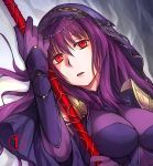  1girl aliesta bodysuit breasts fate/grand_order fate_(series) gae_bolg holding holding_weapon long_hair polearm purple_hair red_eyes scathach_(fate/grand_order) solo spear veil weapon 