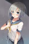  1girl blue_eyes blush bra breasts commentary_request eyes_visible_through_hair hair_ornament hair_over_one_eye hairclip hamakaze_(kantai_collection) harimoji kantai_collection looking_at_viewer neckerchief open_mouth pink_bra pleated_skirt school_uniform see-through serafuku short_hair silver_hair skirt solo underwear wet wet_clothes 