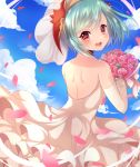  1girl alternate_costume back bare_shoulders blue_eyes blush bouquet clouds dragon_horns dress flower from_behind heart heart-shaped_pupils highres horns looking_at_viewer looking_back open_mouth petals puzzle_&amp;_dragons red_eyes rose rushin saria_(p&amp;d) short_hair solo symbol-shaped_pupils wedding_dress 