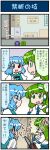  4koma artist_self-insert blue_hair blush chainsaw comic detached_sleeves directional_arrow door doorknob emphasis_lines frog_hair_ornament gradient gradient_background green_eyes green_hair hair_ornament heterochromia highres juliet_sleeves kochiya_sanae long_hair long_sleeves map mizuki_hitoshi nontraditional_miko puffy_sleeves real_life_insert short_hair snake_hair_ornament sweat sweatdrop tatara_kogasa touhou translated vest 