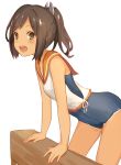  1girl blush brown_eyes brown_hair i-401_(kantai_collection) kantai_collection keemu_(occhoko-cho) km_(artist) looking_at_viewer one-piece_swimsuit ponytail sailor_collar school_swimsuit short_ponytail simple_background smile solo swimsuit swimsuit_under_clothes tan tanline white_background 