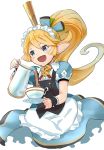  1girl :d alternate_costume alternate_hairstyle apron blonde_hair blue_eyes blush charlotta_(granblue_fantasy) crown cup dress enmaided granblue_fantasy holding long_hair looking_away maid maid_apron maid_headdress o_(rakkasei) open_mouth pitcher pointy_ears ponytail pouring puffy_short_sleeves puffy_sleeves saucer short_sleeves simple_background smile solo teacup very_long_hair waist_apron white_background wrist_cuffs 