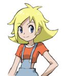  1girl blonde_hair blue_eyes croptop julie_(pokemon) overalls pokemon pokemon_(tcg) pokemon_play_it! tagme 