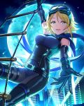  1girl blonde_hair bodysuit breasts building cityscape elbow_gloves framed_breasts full_moon gloves goggles goggles_on_head green_eyes idolmaster idolmaster_cinderella_girls moon night official_art open_mouth outstretched_hand rope_ladder scarf solo spotlight umeki_otoha 
