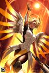  1girl arm_above_head blonde_hair blue_eyes bodysuit boots breasts glowing glowing_wings high_ponytail kuroi-tsuki lips mechanical_halo mechanical_wings medium_breasts mercy_(overwatch) overwatch pantyhose solo spread_wings staff swiss_flag wings 