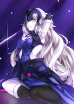  1girl blonde_hair boots breasts chains cleavage fate/grand_order fate_(series) jeanne_alter knee_boots legs linon long_hair pale_skin ruler_(fate/apocrypha) ruler_(fate/grand_order) sitting skindentation smile solo sword weapon yellow_eyes yokozuwari 