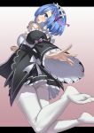  1girl blue_eyes blue_hair breasts detached_sleeves feet from_side hair_ornament hair_ribbon highres letterboxed maid no_shoes pantyhose pink_ribbon re:zero_kara_hajimeru_isekai_seikatsu rem_(re:zero) ribbon short_hair solo white_legwear wide_sleeves worldless x_hair_ornament 