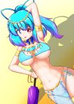  1girl armpits blue_eyes blue_hair bracelet breasts cleavage closed_umbrella commentary_request dancer hand_in_hair harem_outfit heterochromia jewelry kagayama_hajime large_breasts navel pelvic_curtain red_eyes see-through smile solo tatara_kogasa tongue tongue_out touhou umbrella under_boob 