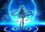 1girl asymmetrical_legwear blue_eyes blue_hair blue_ribbon constellation earmuffs fuyu_no_yoru_miku hair_ribbon hatsune_miku highres long_hair re:rin ribbon solo striped striped_legwear thighhighs_pull vocaloid